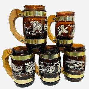 Vintage Set of 5 Siesta Ware Souvenir Amber Glass Beer Mugs Barrel Wooden Handle